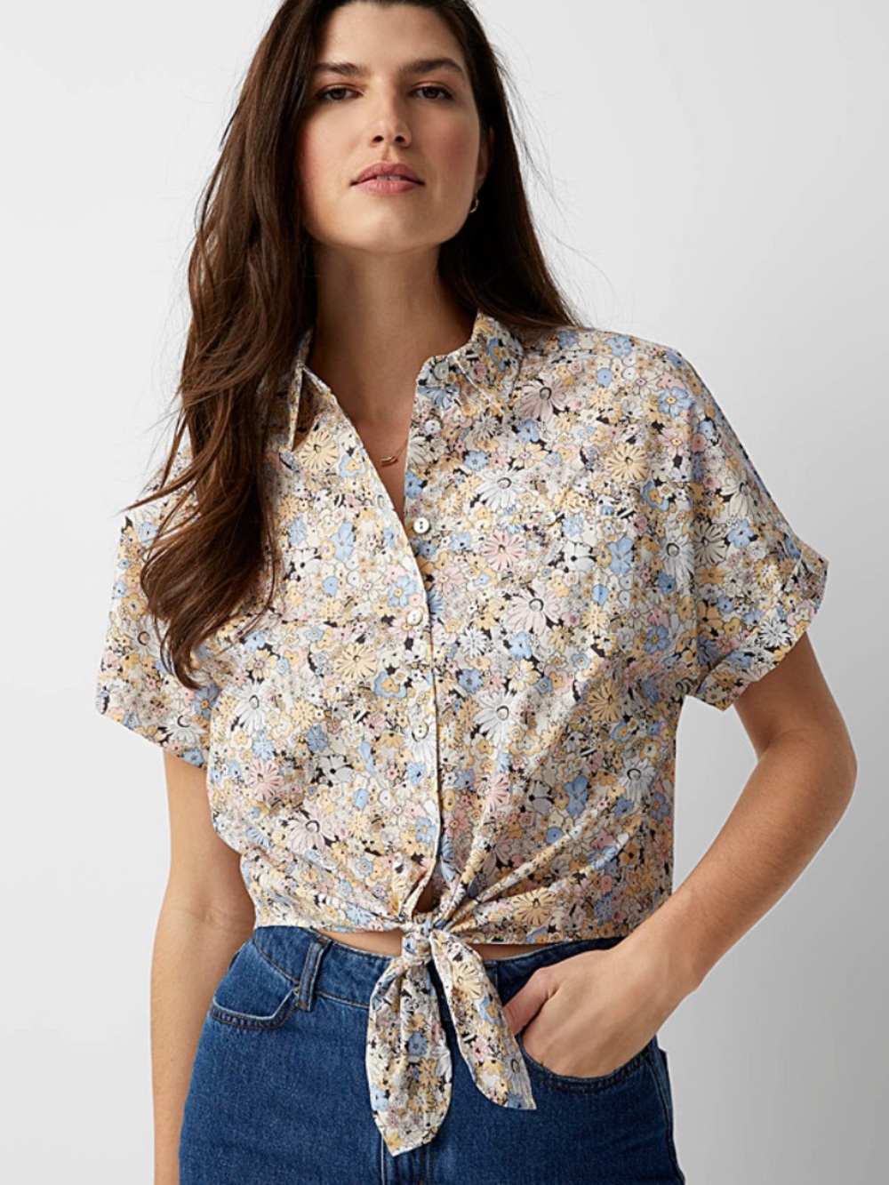 Simons organic cotton Floral Tie-Front Short-Sleeve Shirt Pastel